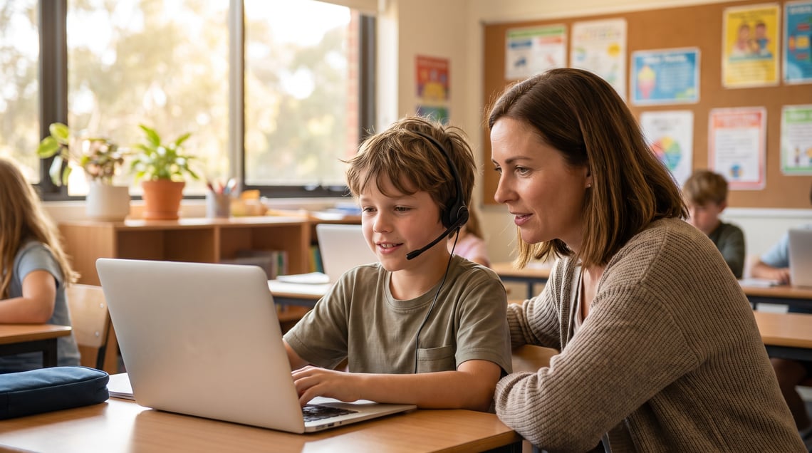 A teacher watching as a student dictates schoolwork into a laptop