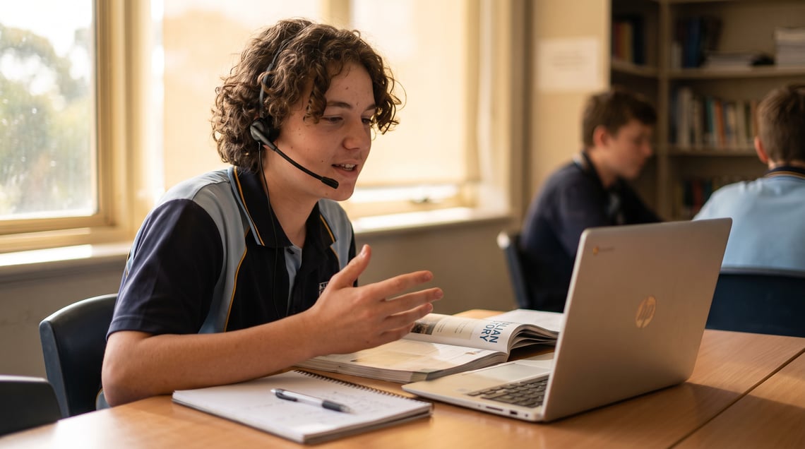 A secondary student dictating an essay into a laptop with a slim headset