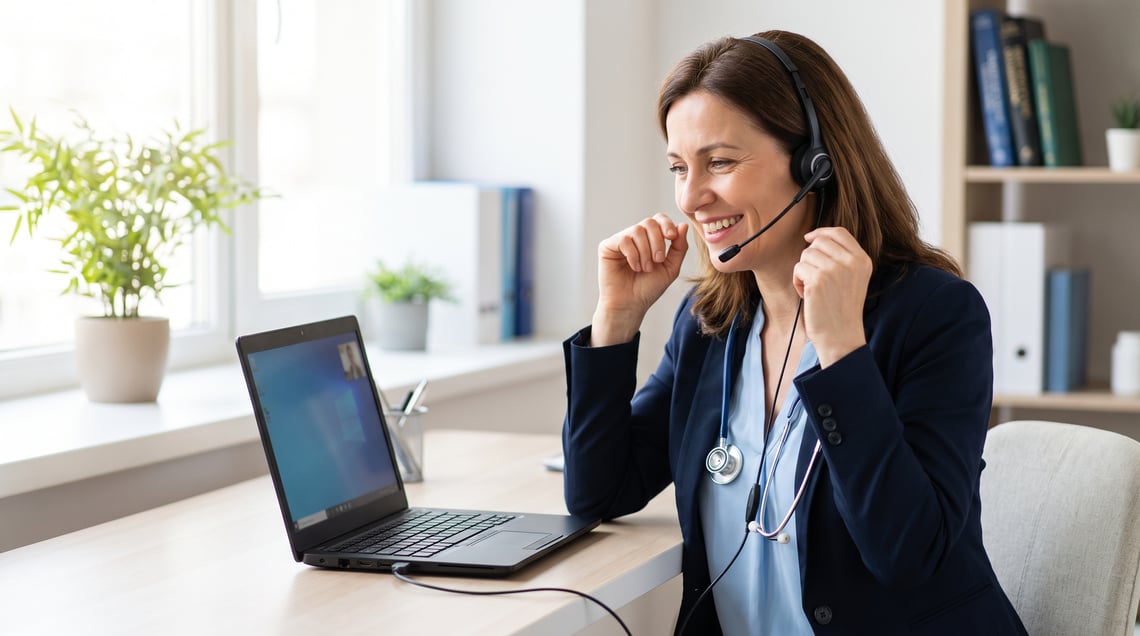 Doctor dictating clinical notes into a headset at a Windows laptop