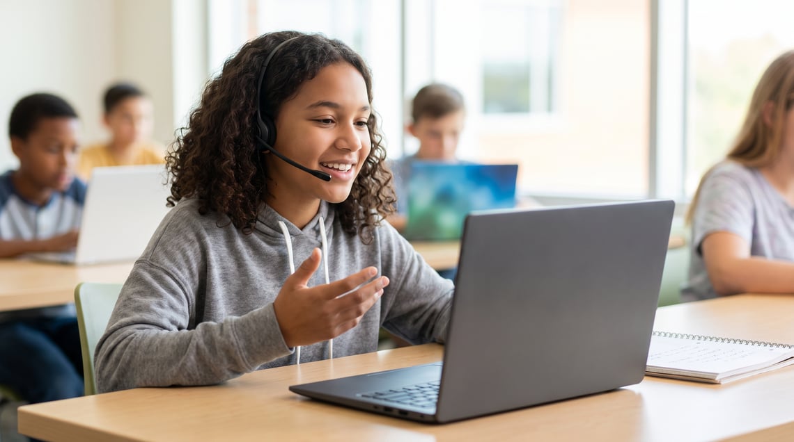 A middle school student dictating an essay into a Windows laptop with a slim headset